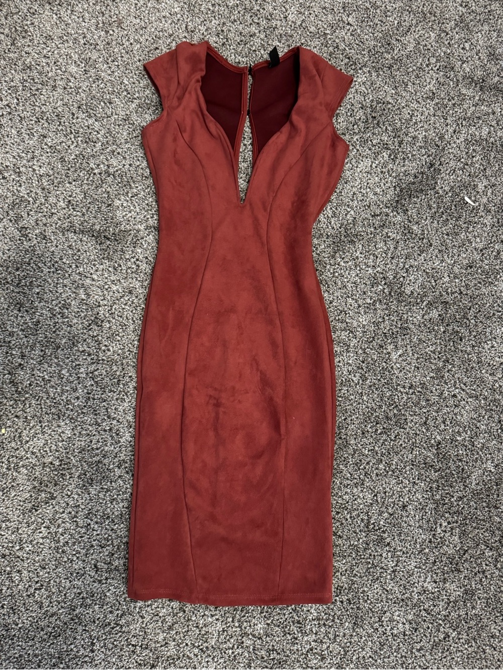 Windsor Rust Red Suede-Effect Bodycon Midi Dress - small tear read caption